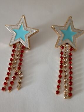 Unbranded Turquoise Star Drop Earrings with Red & Clear Tassels